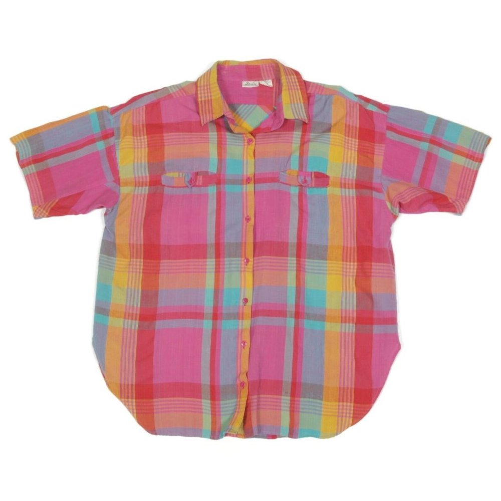 Desiree India Colorful Madras Plaid Mens Shirt size 2X Pink Purple Yellow - 036